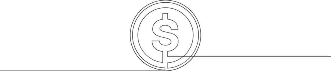 Single continuous line drawing us dollar coin. Country currency, business pay one line art concept. Vector illustration.