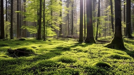 forest trees nature green wood sunlight background. generative AI