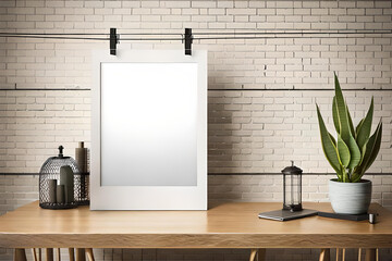 A mockup of An empty Polaroid frame suspended from a clothesline against a brick wall in a trendy urban loft, perfect for greeting cards and invitations