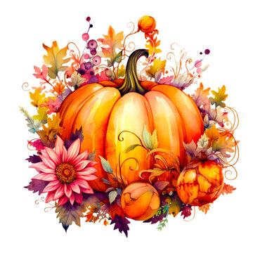 Watercolor Pumpkin Clip art, Fall Autumn Watercolor Clip Art, Watercolor Sublimation Design