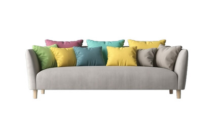 Modern sofa with colorful pillows isolated on transparent or white background