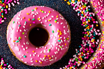 donut with pink icing and a generous amount of colorful sprinkle - obrazy, fototapety, plakaty