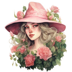 Pink Witch Watercolor Clipart, Magical Pink Witch Illustration, Vintage Pink Roses Watercolor, made with generative AI