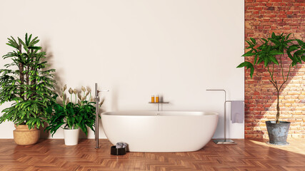 Naklejka na ściany i meble Modern bright bathroom interiors 3D rendering illustration