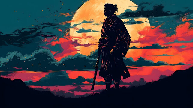 Beautiful samurai at sunrise. Generative AI
