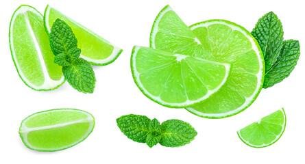 Lime isolated on white background. Lime citrus fruit with mint leaf . Collection. Pattern