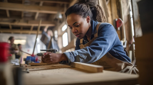 Portrait view of woman carpenter in workshop , female carpenter using some power tools in the woodshop , Created with Generative Ai Technology