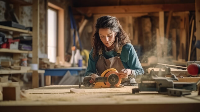 Portrait view of woman carpenter in workshop , female carpenter using some power tools in the woodshop , Created with Generative Ai Technology