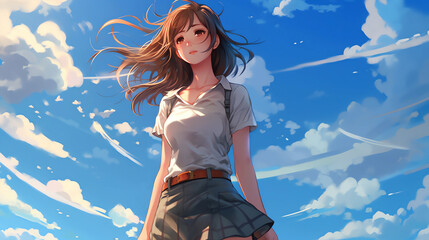 cartoon anime beautiful girl under the blue sky illustration
