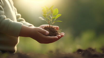 hand children holding young plant with sunlight on green nature background. concept eco earth day. ,generative AI