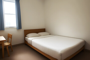 Interior of a hotel room, double bed and table, nobody inside
