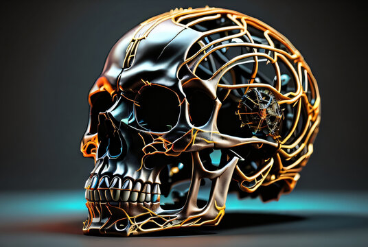 Free photo Human skull New dark background and 3d render colorful green leaves Halloween concept Background 
