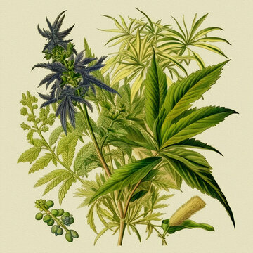 Vintage style botanical illustration of Cannabis sativa herbaceous plant,victorian still life on creamy paper  background