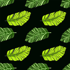 Abstract exotic plant seamless pattern. Botanical leaves wallpaper. Tropical pattern backdrop with palm leaf and floral motifs.