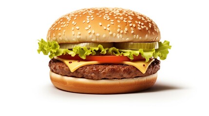 delicious burger with cheese and salad on white background. generative AI