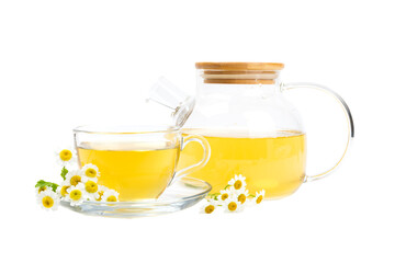 Chamomile herbal tea in glass teapot and cup isolated on white background. Close-up.  immunity tea.