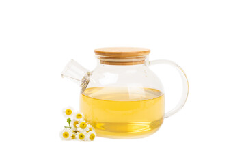 Chamomile herbal tea in glass teapot  isolated on white background. Close-up.  immunity tea.
