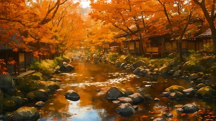 Fotobehang Warm oranje 木々が紅葉する森林と川と建物のアニメ風の風景イラスト　generative ai