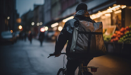 One person cycling through the city at night, backpack on generated by AI