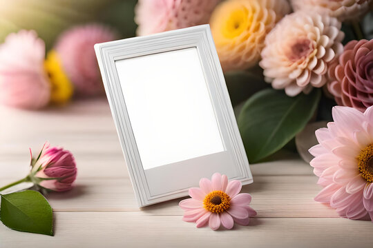 a blank polaroid photo frame surrounded by soft pastel flowers, perfect for greeting cards and invitations