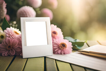 A mockup of a blank polaroid photo frame surrounded by soft pastel flowers, perfect for greeting cards and invitations