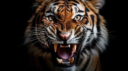 Obraz premium ferocious tiger face on black background. Generative AI