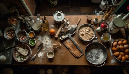 Fototapeta na wymiar Rustic homemade baking equipment on wooden table in domestic kitchen generated by AI