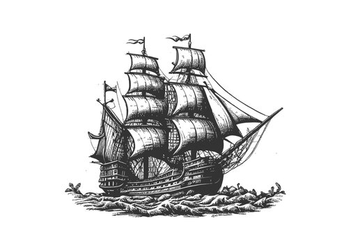 Pirate ship sailboat retro sketch hand drawn engraving. Vector illustration desing.