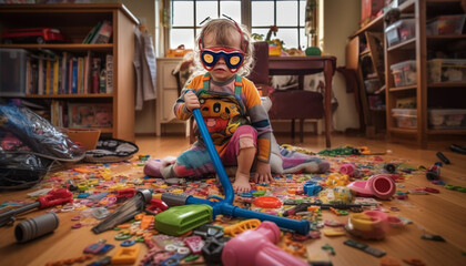 Fototapeta premium Cute preschoolers playing with colorful toys in cheerful playroom indoors generated by AI