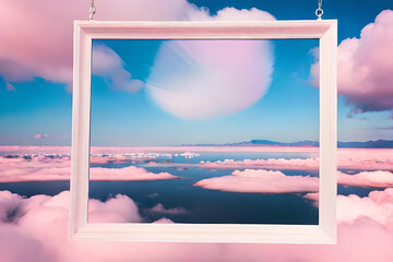 A pristine white Polaroid frame suspended in mid-air, surrounded by a surreal dreamscape
