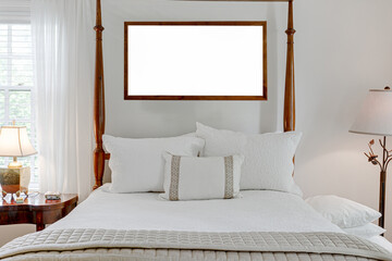Calm Luxury Bedroom Mockup with Blank Wooden Frame in Spring