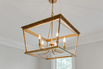 Antique Vintage Brass Gold Chandelier Light Fixture with Candlestick Lights in Minimal Grey Empty...