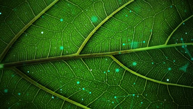 Agricultural technologies for growing plants and scientific research in the field of biology and chemistry of nature. Living green leaf with scientific data . Organic digital background