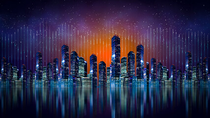 Metaverse smart technology city. Digital futuristic data skyscrapers on technological blue background. Business, science, internet concept