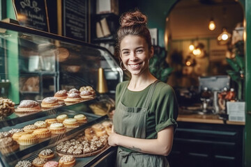 Happy small pastry and coffee shop owner, smiling proudly at her store. Cheerful female baker working at her shop - obrazy, fototapety, plakaty