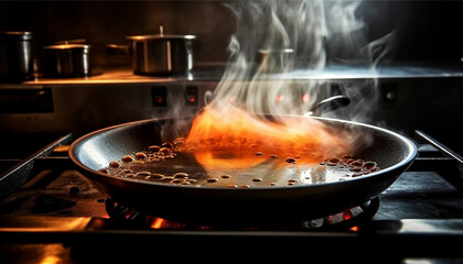 Grilled steak sizzles on stove top burner, filling kitchen with smoke generated by AI