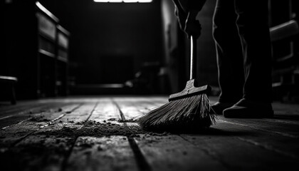 One man sweeping flooring with broom and dustpan indoors generated by AI
