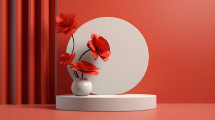 3d Background products for valentine’s day podium in red flower background with cylinder. podium stand to show cosmetic product with craft style on background.
