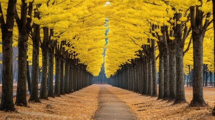 rows of beautiful yellow ginkgo trees. generative AI