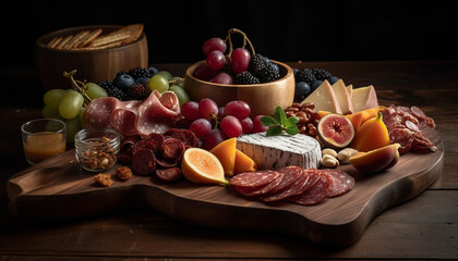 A rustic meat and cheese tray with prosciutto and Camembert generated by AI