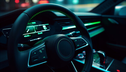 Modern car interior with illuminated control panel and GPS navigation generated by AI