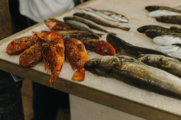 Fresh fish on ice at the traditional fish market.