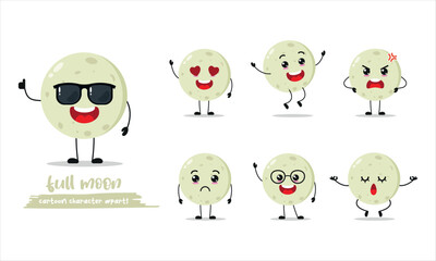 cute moon cartoon with many expressions. different activity pose vector illustration flat design set with sunglasses.