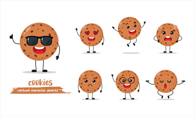 cute cookies cartoon with many expressions. different activity pose vector illustration flat design set with sunglasses.
