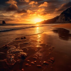 A breathtaking sunset over a serene beach, capturing tranquility and natural beauty,  bathed in warm golden lighting, reminiscent of a dreamy landscape painting.