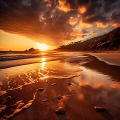 A breathtaking sunset over a serene beach, capturing tranquility and natural beauty,  bathed in warm golden lighting, reminiscent of a dreamy landscape painting.