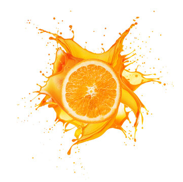 Half of a tangerine with a splashes of juice isolated on a white background