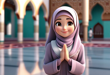 Fototapeta na wymiar 3d character muslim hijab girl pray at mosque