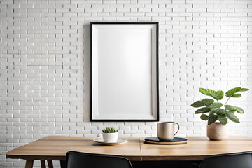 An empty Polaroid frame suspended from a string against a white brick wall, complemented by a minimalist interior