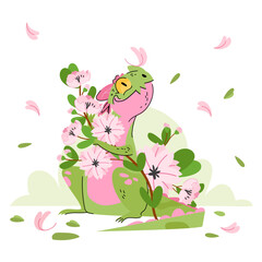 Green dragon with sakura branch isolated on white background. Symbol of the year. Spring Vector illustration cartoon magic reptile creature